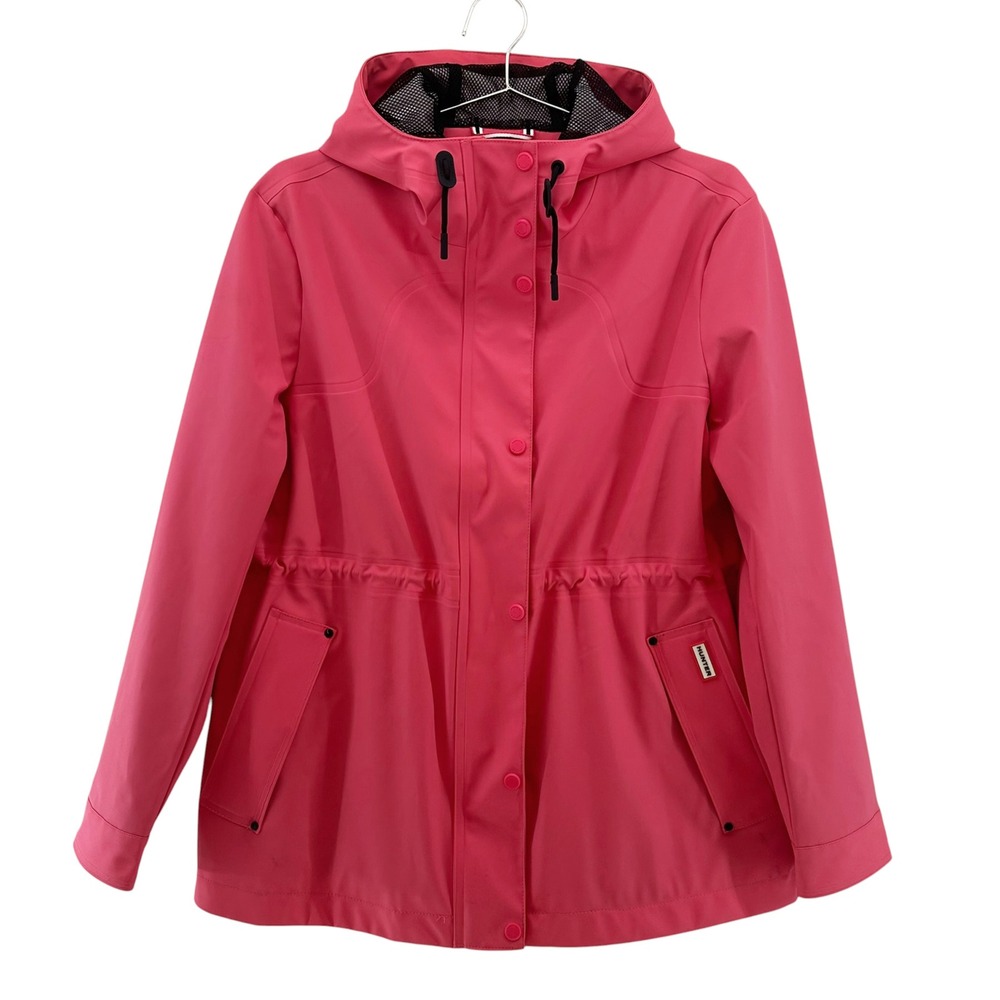 HUNTER Waterproof Rubberized Hooded Rain Jacket • Medium • coral pink chic